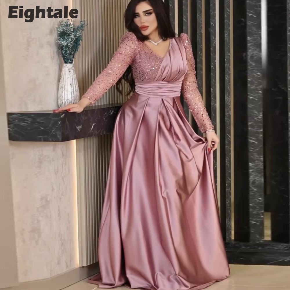 Eightale Luxury Evening Dress V-Neck Dusty Pink Customized Sequined Long Sleeves Arabic Prom Wedding Party Gown Vestidos De Gala