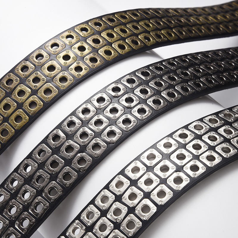 2024 nuevo cinturón de moda 110CM hombres estilo Punk PU remache de cuero cinturón de Metal ojo hebilla de aleación tendencia cinturón Casual resistente y resistente