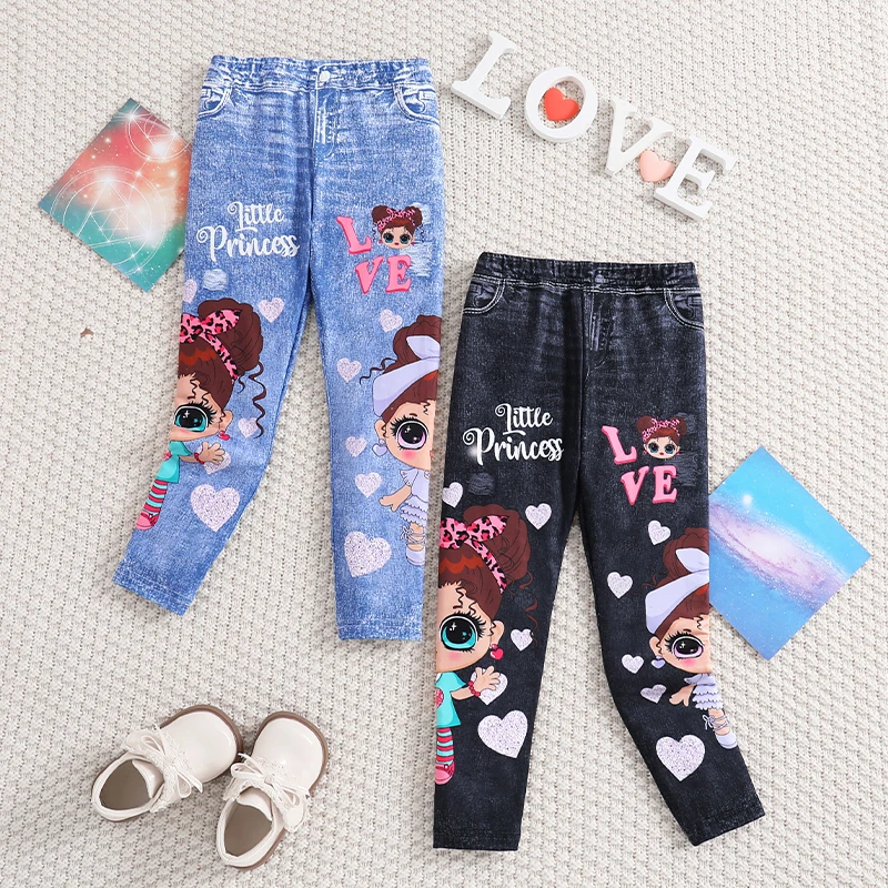 Clearance_Girls' 2pcs Cute Heart & Character Print Soft Knit Leggings - Mock Denim Style - Comfy Summer Outfit_Continuous update