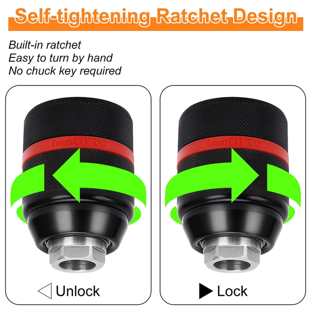 2025 New Keyless Metal Drill Chuck,With Lock,2~13mm Ratchet Self-locking Chuck,1/2-20UNF Thread,for Drill Bit Screwdiver&Sockets