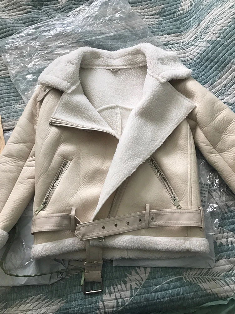 ฤดูใบไม้ผลิฤดูหนาวผู้หญิงความหนาหนัง Faux ขนสัตว์ Sheepskin หญิงขนสัตว์แจ็คเก็ตหนัง Aviator Outwear Casaco Feminino