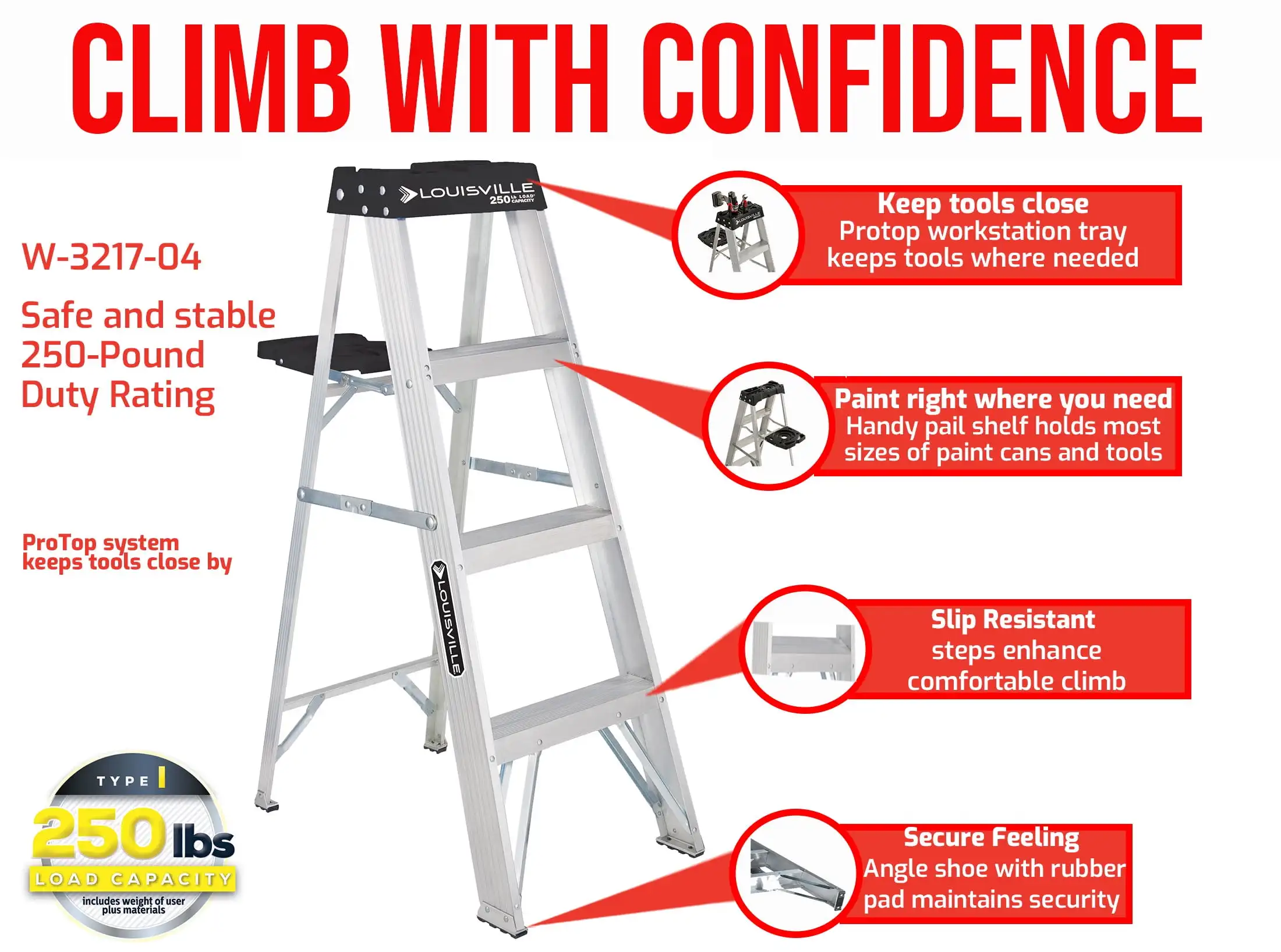 Aluminum Step Ladder 250 Lb Capacity Beefy and Stable Spreader Bracing Elegant Design Smooth Finish Substantial Back Rail