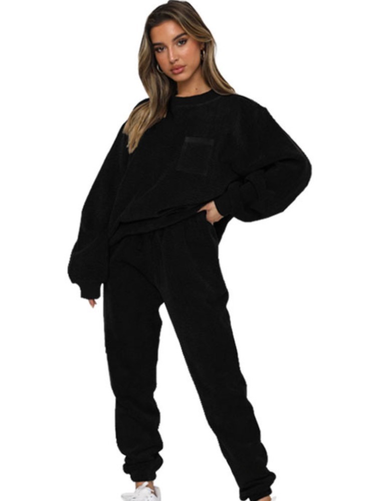 秋と冬の新コーデュロイ無地プルオーバー長袖女性のスーツカジュアルスポーツファッションパンツ女性のための 2 個セット