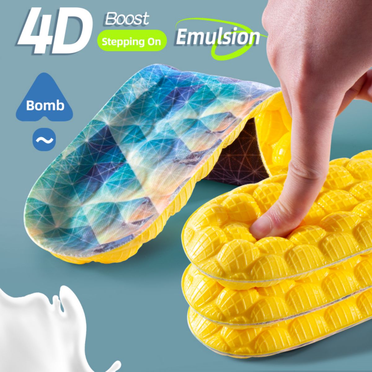 พื้นรองเท้า4D เทคโนโลยีคลาวด์ยืดหยุ่นสูง1คู่สำหรับรองเท้ารองเท้ากีฬาระงับกลิ่นกายสำหรับกีฬาสีเหลือง PU ระบายอากาศได้สำหรับเท้าพื้นรองเท้าวิ่งของผู้ชาย