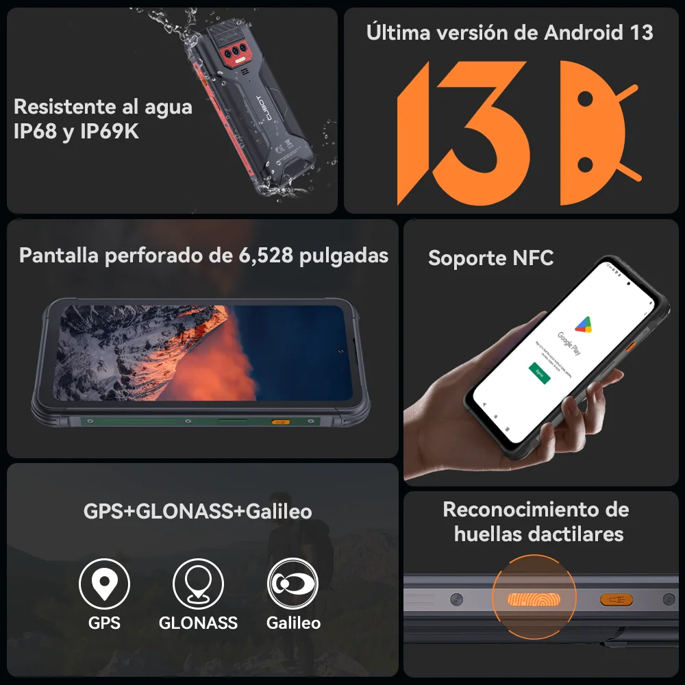 Smartphone resistente al agua IP68 Android 13, Cubot KingKong 8, octa-core, 12 GB de RAM (6 + 6 GB), 256 GB de ROM, 10600 mAh, cámara de 48 MP, NFC