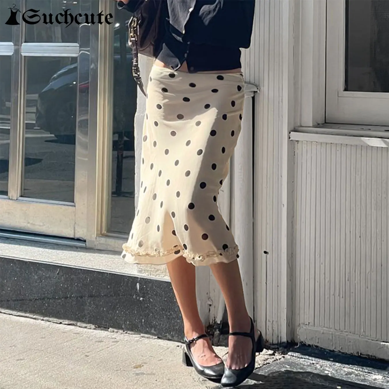 SUCHCUTE, falda de longitud media con estampado de puntos a la moda, faldas rectas con dobladillo fruncido elegante para mujer, trajes informales de oficina para verano para mujer