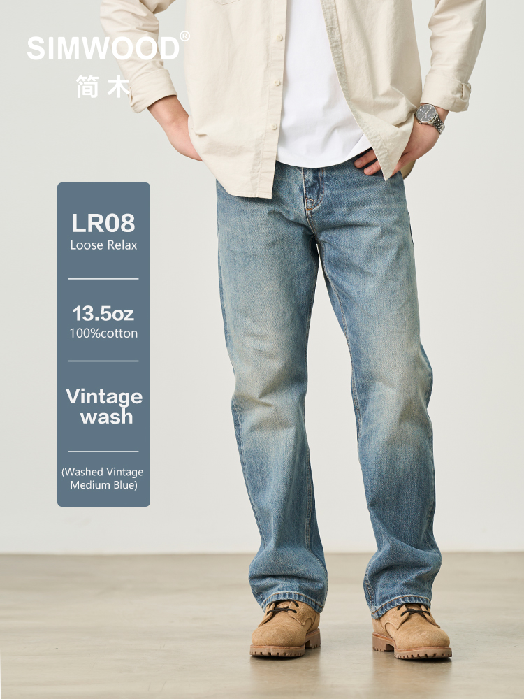 SIMWOOD 2025 Herfst Nieuwe Losse Relax 13.5 oz 100% Katoen Gewassen Vintage Jeans Mannen Hoge Kwaliteit Denim Broek