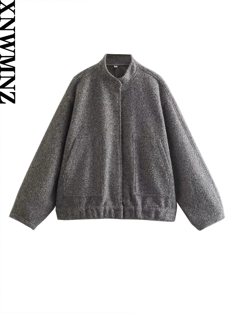 XNWMNZ 2023 Phụ Nữ Thời Trang Quá Khổ Áo Khoác Bomber Phối Túi Cổ Đứng Tay Dài Cổ Nữ Sang Trọng Outwears