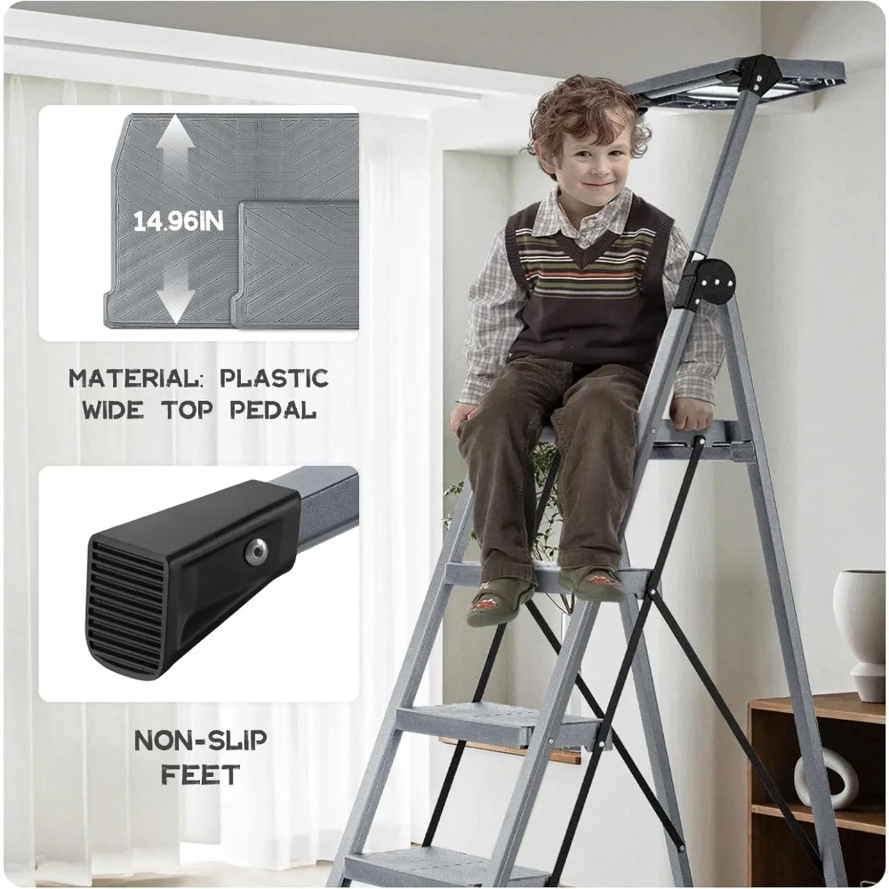 5 Step Ladder, Foldable Step Stool Ladder with Handrails & Tray, 660 lbs Heavy Duty Wide Pedals, Sturdy Steel Folding L