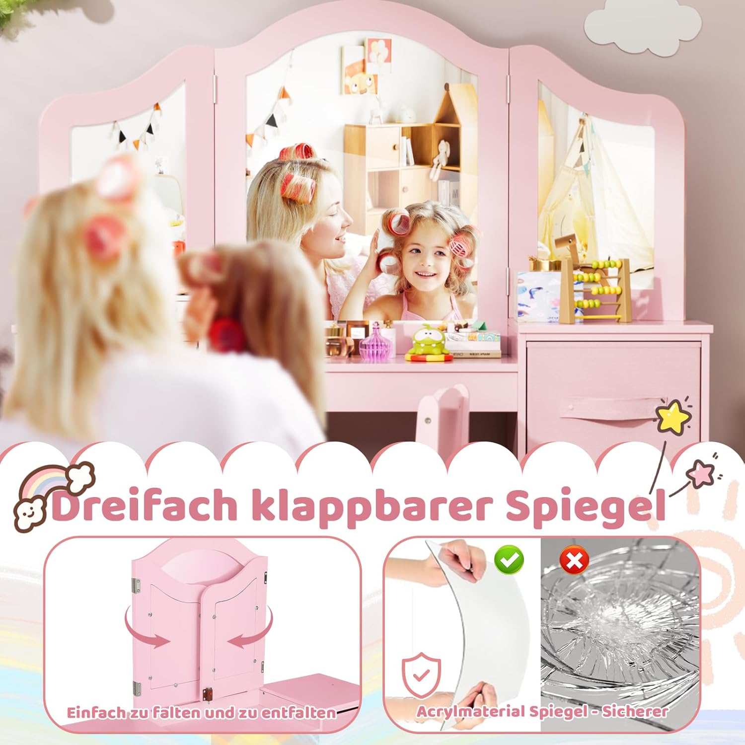 Children's Dressing Table Set,Kids Vanity Table Set,Girls Makeup Dressing Desk Chair,with Removable Mirror,Pink