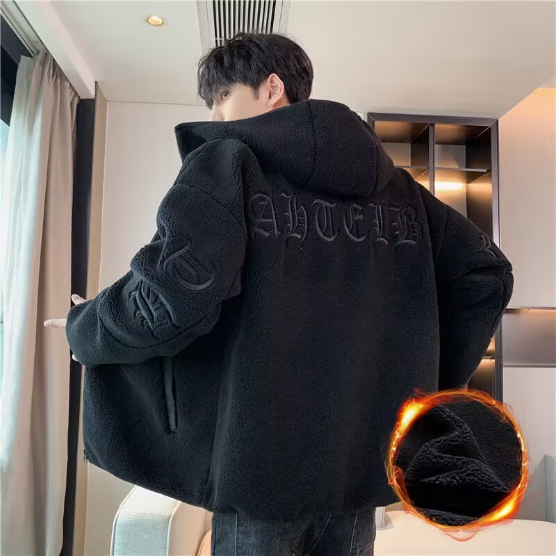 Jaqueta de Aodão com Capuz Forrada em Veludo de Cordeiro, Nova Jaqueta Masculina 2026, Estilo Solto e Moderno, Casaco de Al...