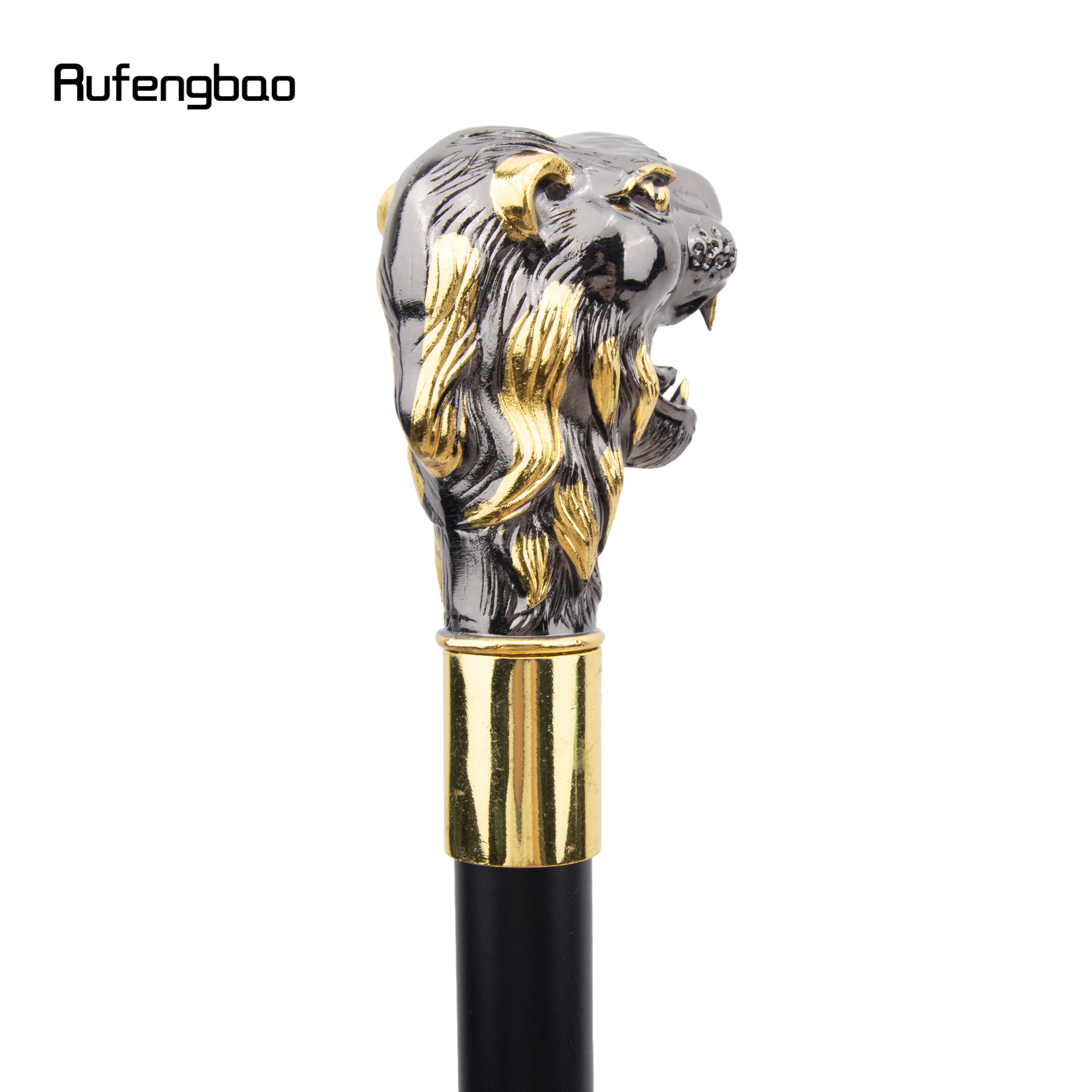 Cabeça de leão preto dourado com bigode, Bengala, Vintage elegante bengala Crochet, 93cm