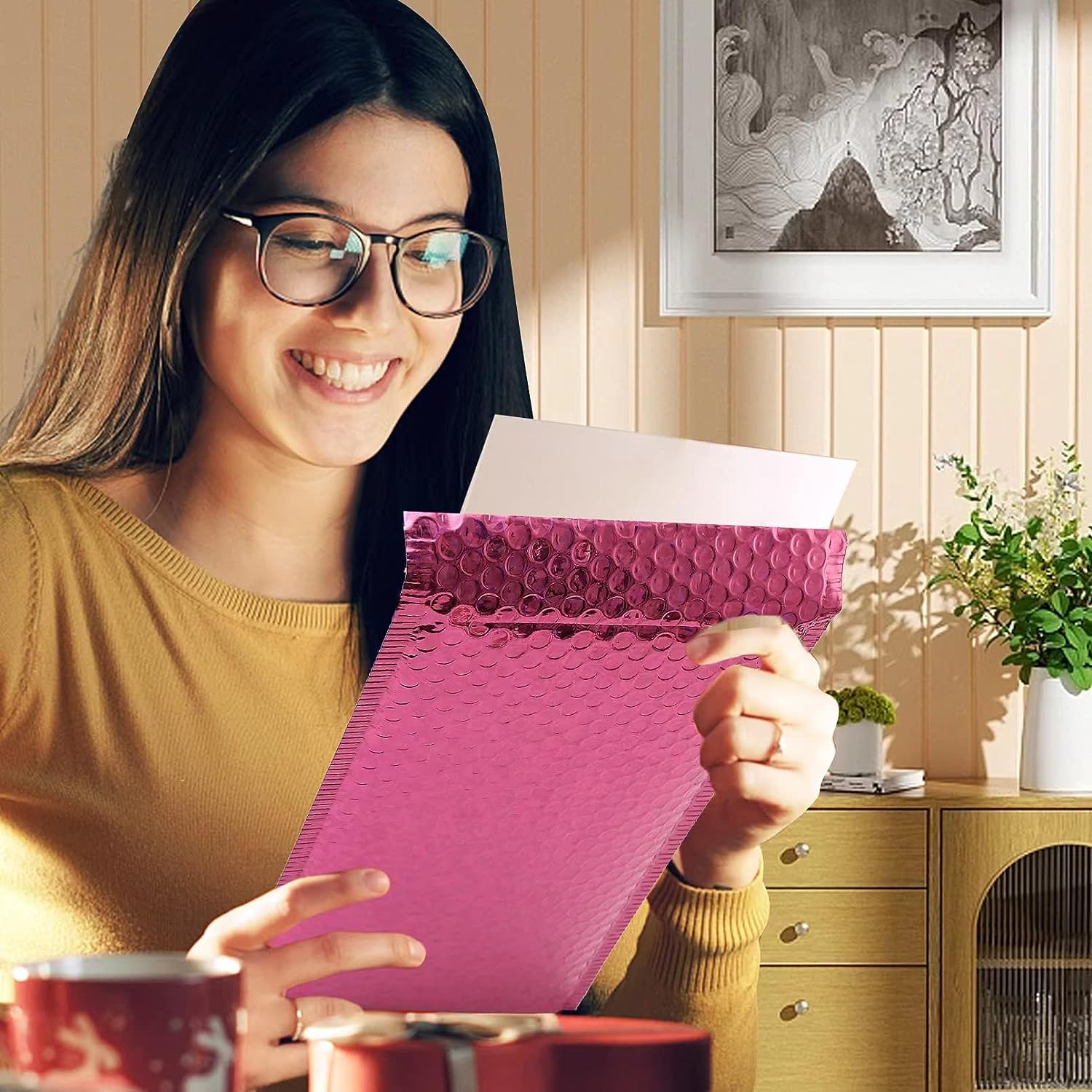 ซองไปรษณีย์เลเซอร์สีชมพูสำหรับส่งจดหมาย50ชิ้นซองกันน้ำซองบับเบิ้ลกระเป๋าบรรจุภัณฑ์สำหรับจัดส่ง