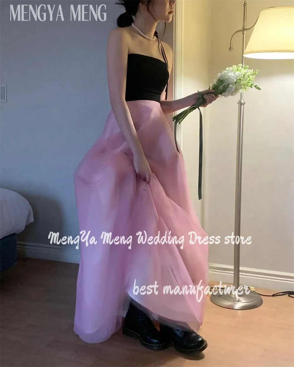 Simples preto e rosa coreia vestidos de festa à noite uma linha sem alças fotos de casamento sessão sem mangas sem costas espartilho vestido de baile