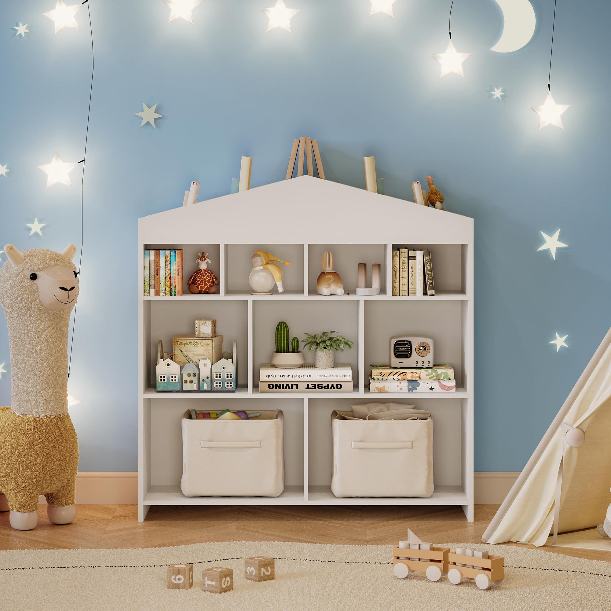 9-Cubby Toy Storage Organizer White Bookcase Toddlers Playhouse Cabinet Shelf for Boys Girls Wooden Storage Toy Shelf for Playro