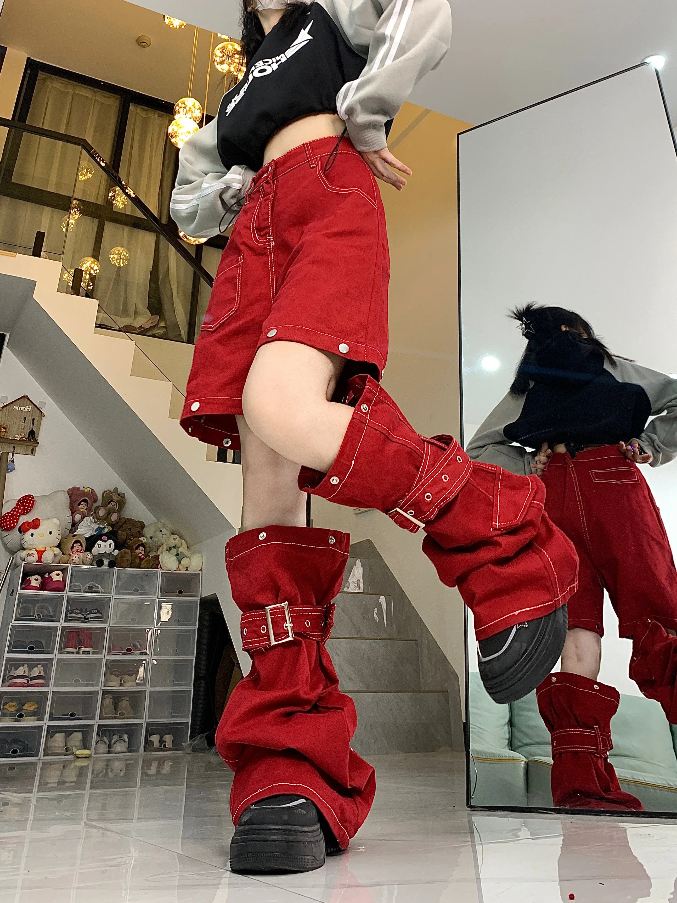 Pantalones Cargo rojos elegantes de Hip-hop para mujer, vaqueros holgados desmontables 2 en 1, pantalones de pierna ancha Y2k, ropa de calle Retro de los años 90