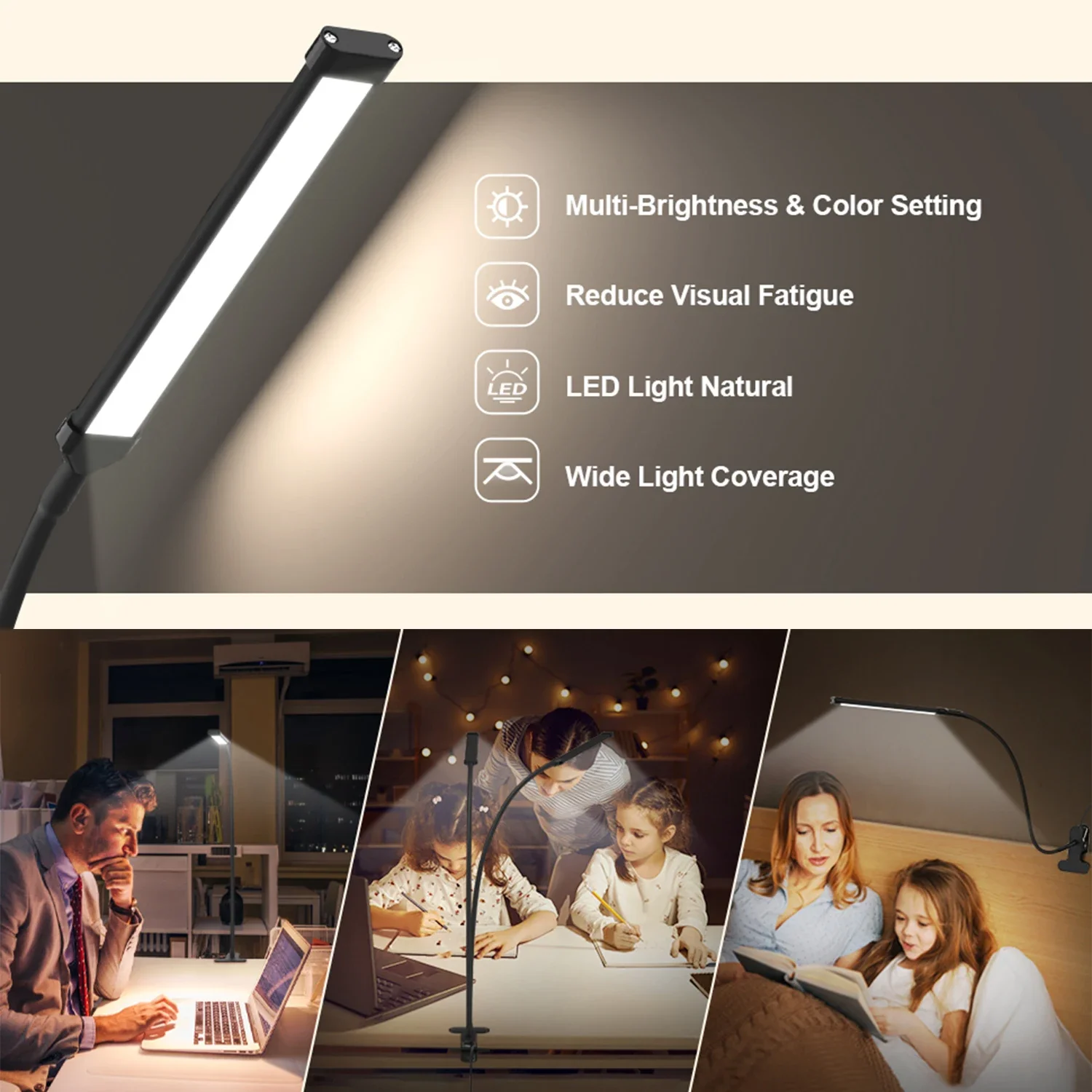 Lâmpada de mesa led de 10w com braçadeira regulável clipe na luz de leitura 10 nível de brilho 3 modos de iluminação flexível lâmpada de mesa de estudo usb