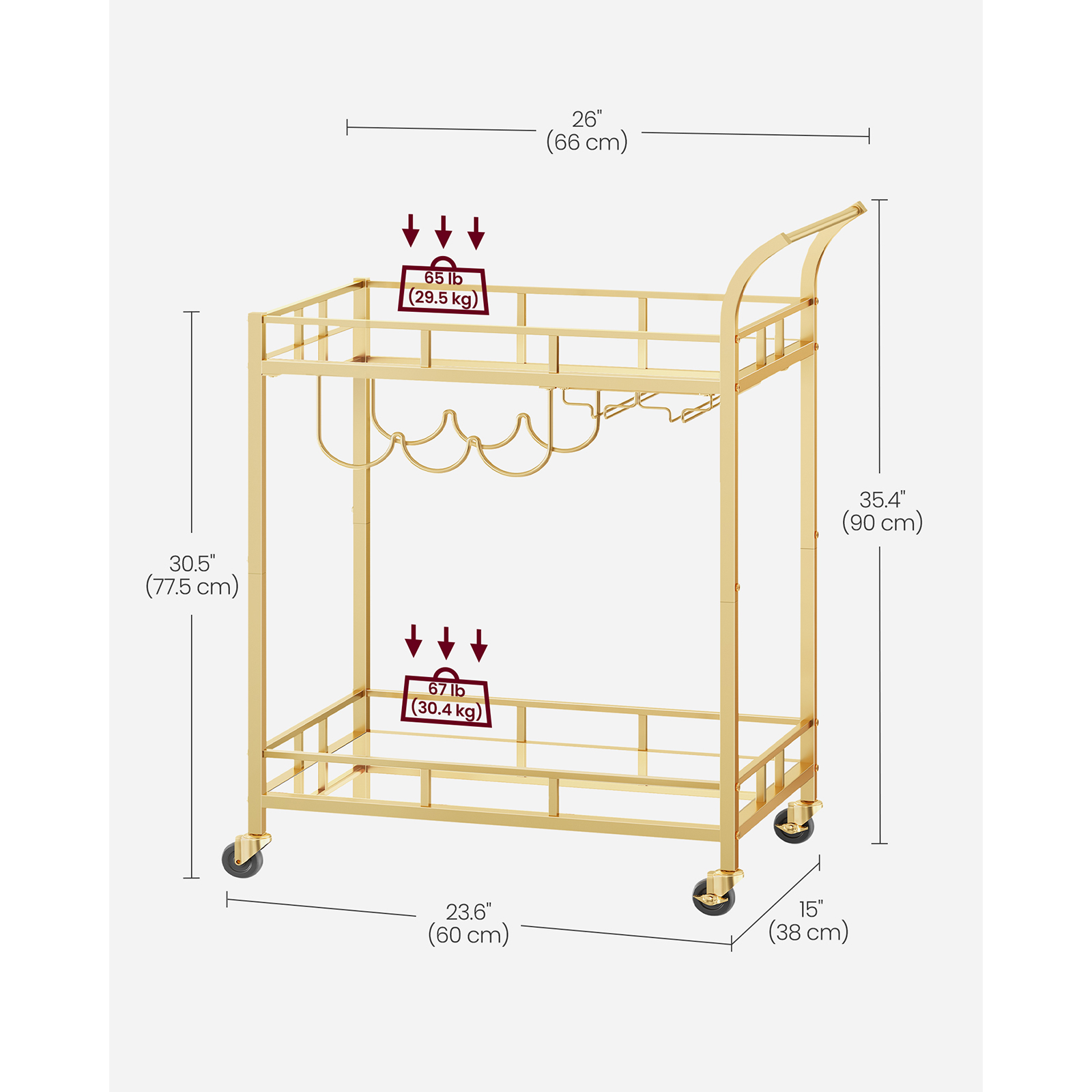 VASAGLE Drinks Trolley, Bar Cart, Serving Trolley with 2 Mirrored Shelves, Wine Holders, Glass Holders, for Home Bar, Kitchen