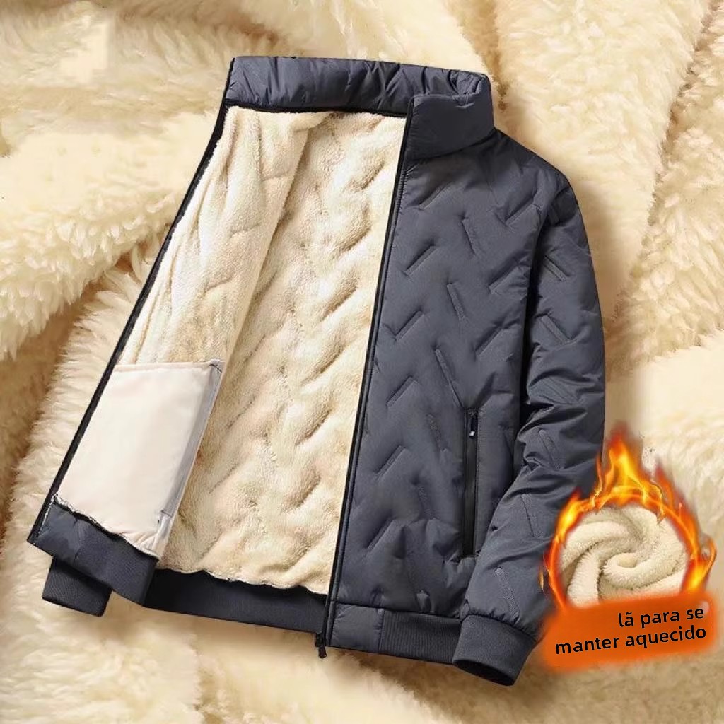 Jaqueta Masculina de Aodão com Forro de Veludo de Cordeiro, Ajuste Solto, Gola Alta, Moda Jovem, Inverno Quente, Resistente...