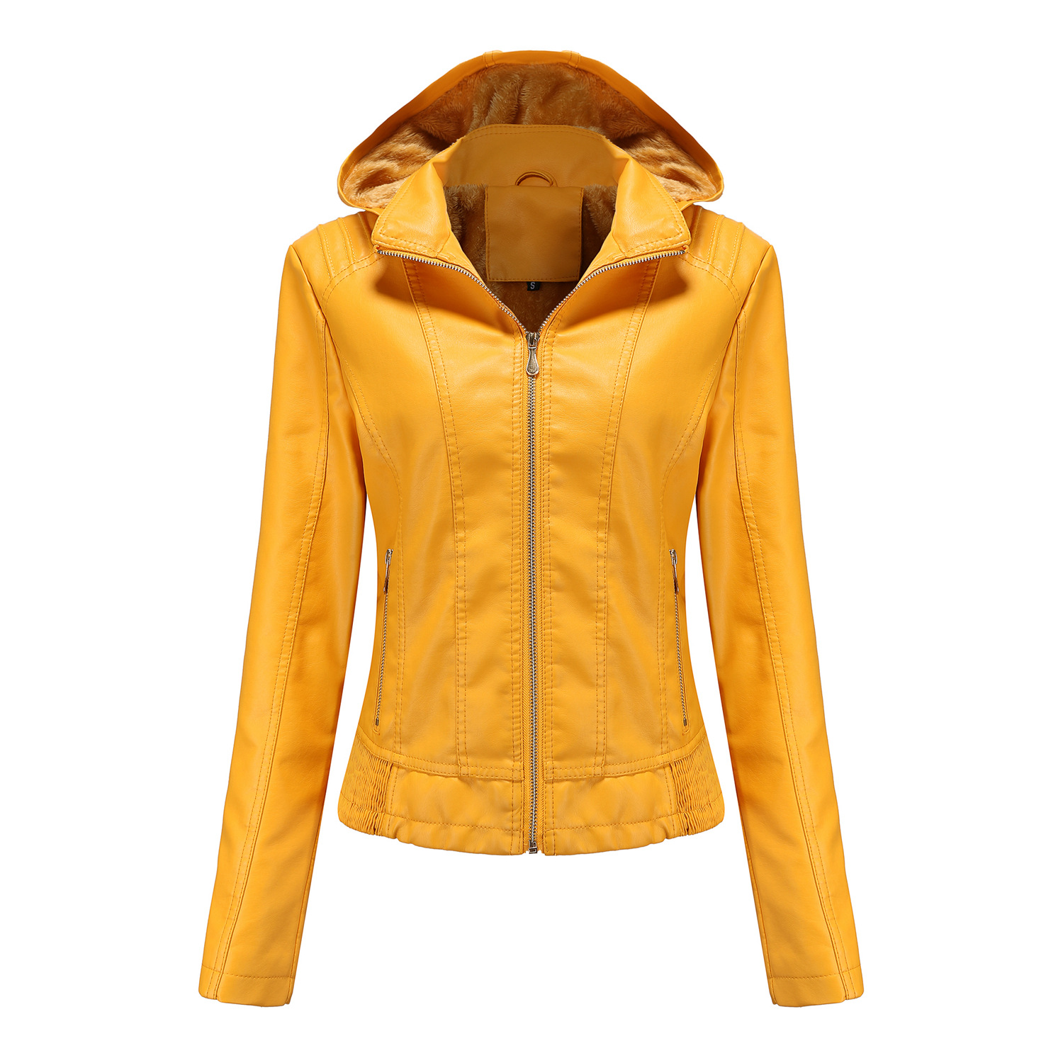 Chaqueta de cuero con capucha para mujer, sombrero desmontable, cremallera, manga larga, felpa, ajuste Delgado, chaqueta de moto, Invierno