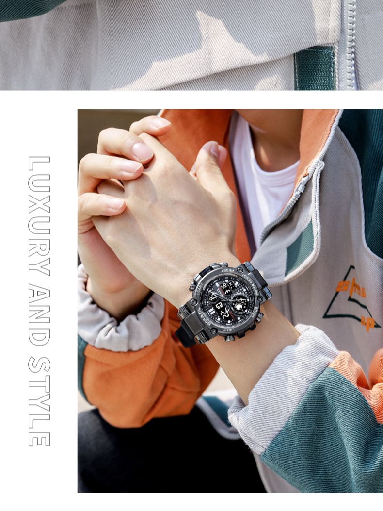 スマエル8093スポーツウォッチ防水5barデュアルタイム男性用時計耐衝撃性目覚まし時計男性用腕時計