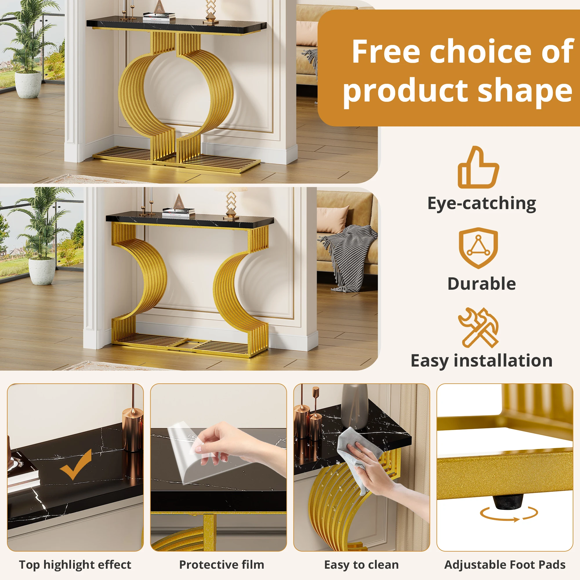 Mesa de centro simples preta de alto brilho, 2 vias para instalar 100x35x80cm, mesa lateral pequena para sala de estar, mesa de console, base dourada