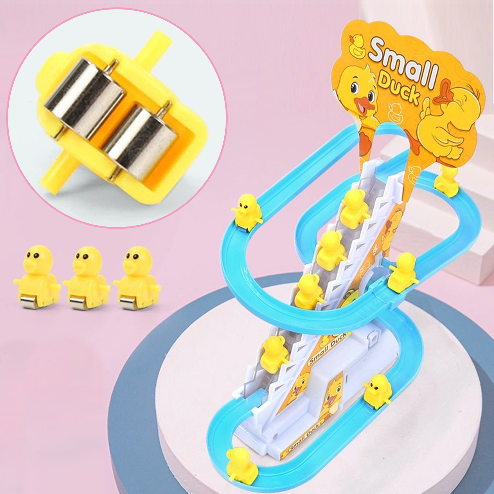 ของเล่นเด็กเป็ด DIY Rail Racing Track เป็ดขนาดเล็กปีนบันไดของเล่นไฟฟ้ารถบันไดเพลงของเล่นเพื่อการศึกษาเด็ก 3-5Y