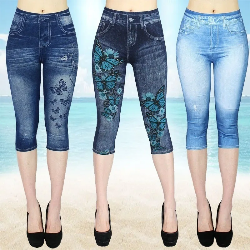 Mallas vaqueras de imitación con estampado para mujer, pantalones cortos elásticos ajustados para correr al aire libre, caminar, mallas de cintura alta a la moda