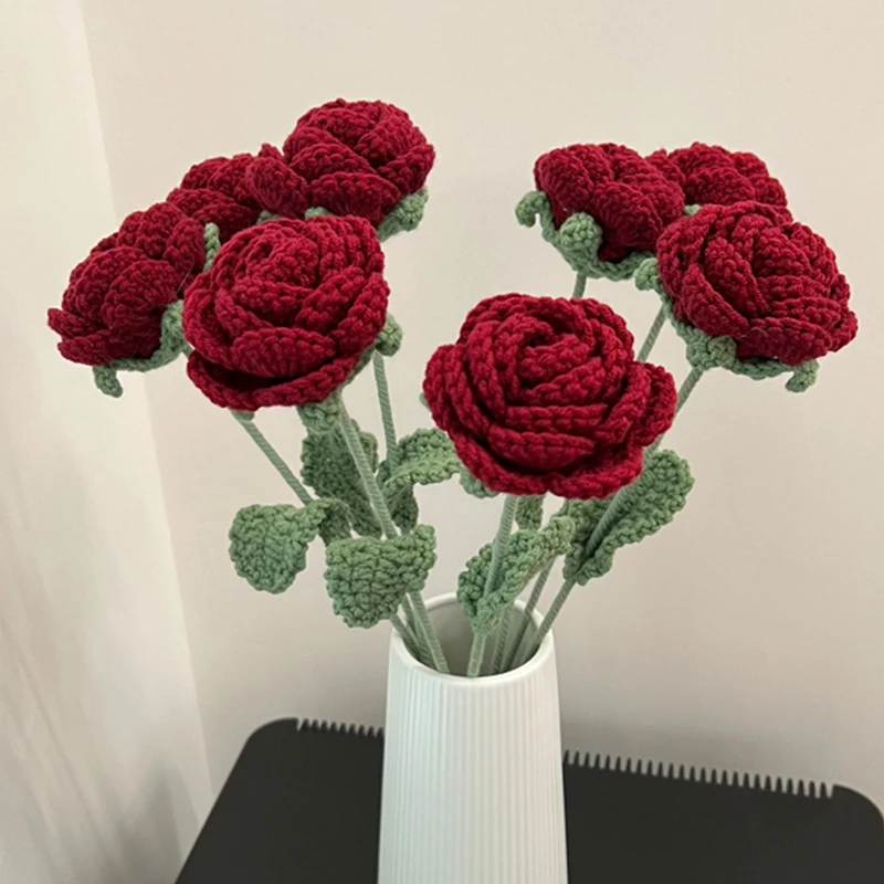 1PC 로맨틱 와인 레드 니트 장미 무리 Diy 완료 꽃 공예 발렌타인 데이 웨딩 커플 선물 핸드 크로 셰 뜨개질 홈 장식