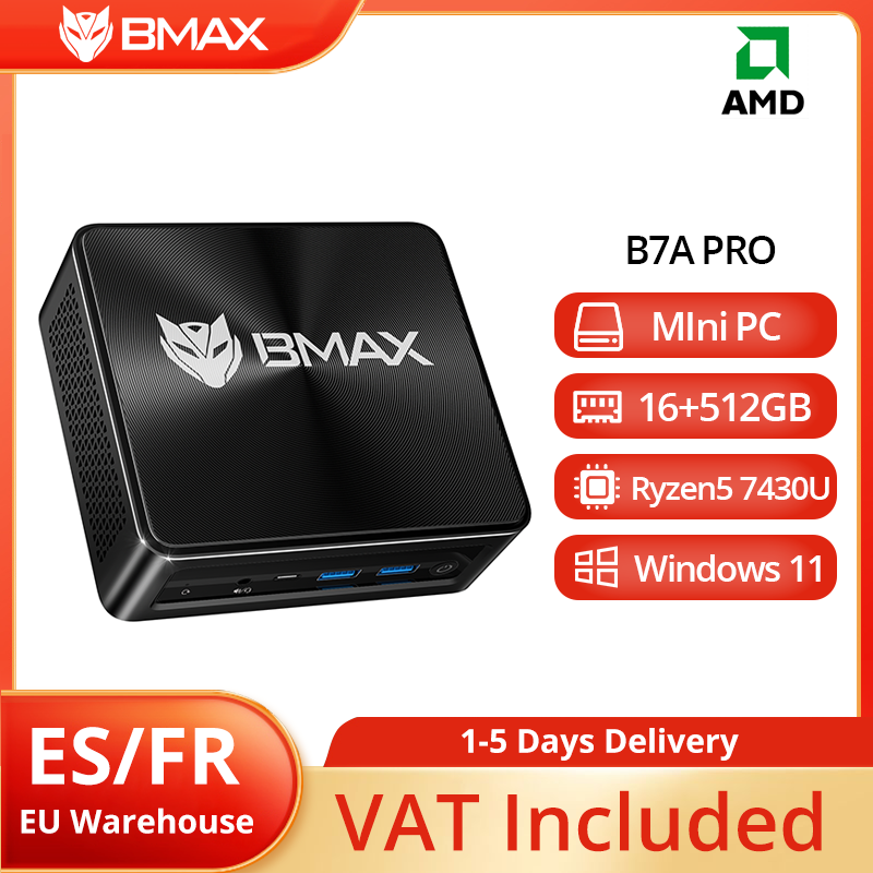 BMAX B7A Pro Mini-pc AMD Ryzen 5 7430U Processor AMD Radeon Graphics 16 GB RAM 512 GB SSD Windows 11 USB HDMI Type-C mini-pc