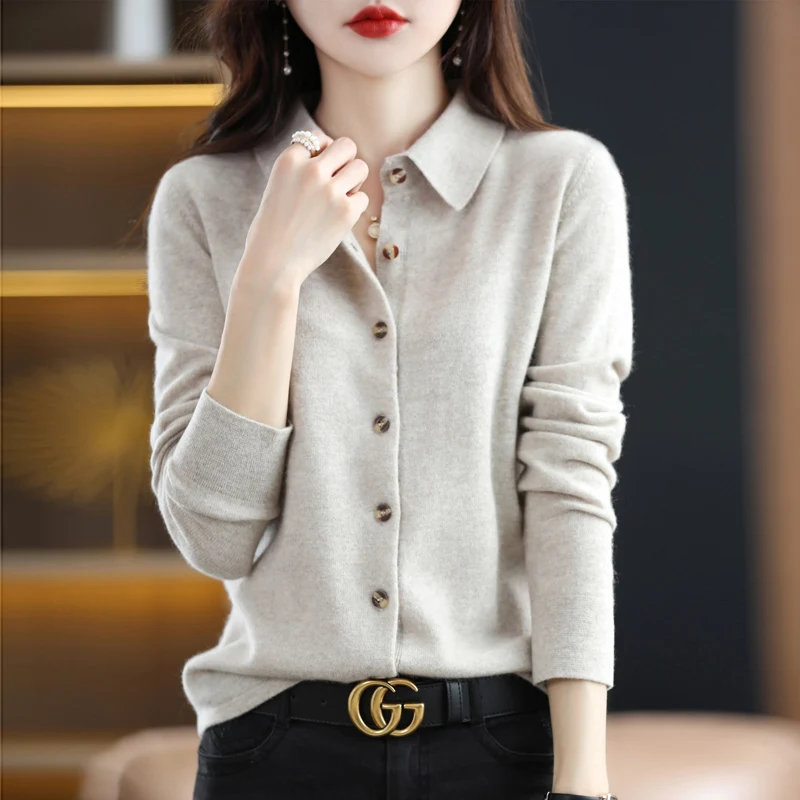 2024 Damen-Strickjacke mit POLO-Kragen, Basic, vielseitig, oben aus gesponnener Wolle, eleganter einreihiger Pullover DMR 430