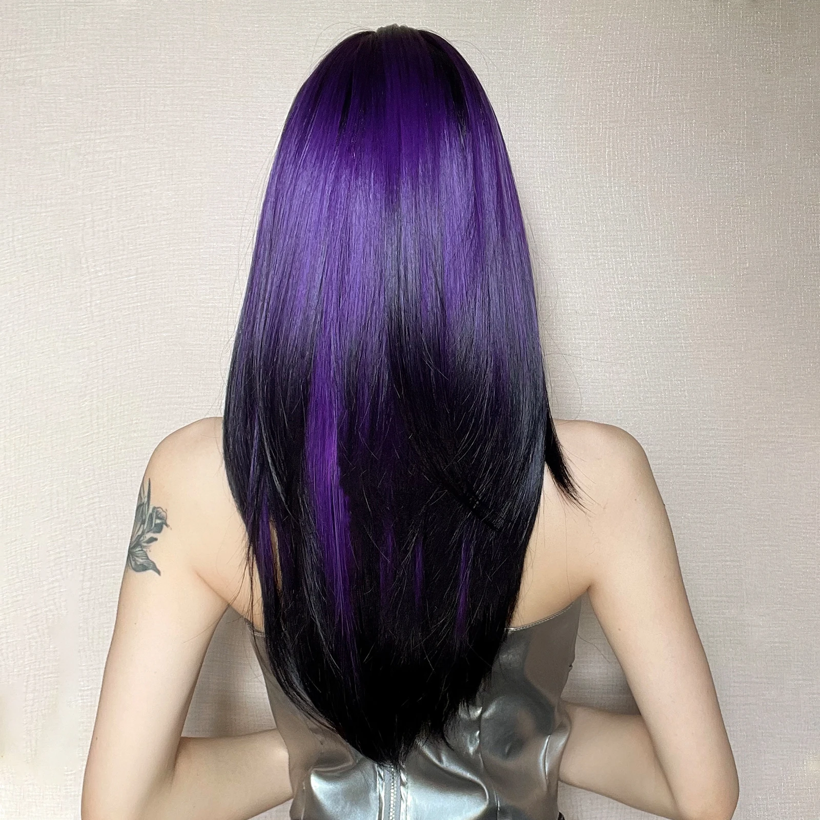 Peluca sintética larga y recta para mujer, color negro y morado, con flequillo, color morado, ombré, en capas, para fiesta, cabello Natural resistente al calor