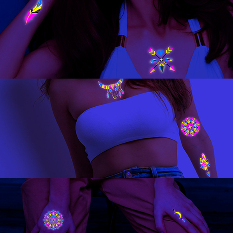 Autocollant Fluorescent tatouages temporaires lumineux autocollants lueur UV tatouage de taureau Fluorescent imperméable pour décalcomanies d'art corporel