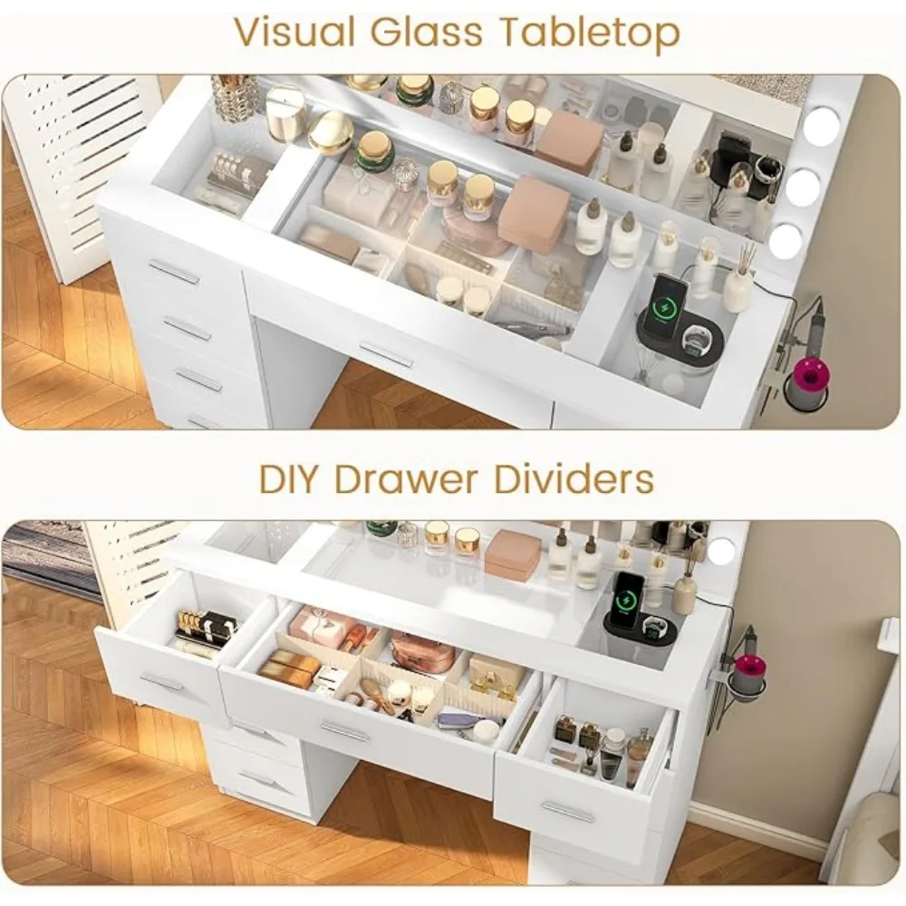 Vanity Desk Makeup Vanity with 10 LED Lights & 7 Metal Sliding Drawers Vanity Table with Open Shelves Makeup Table