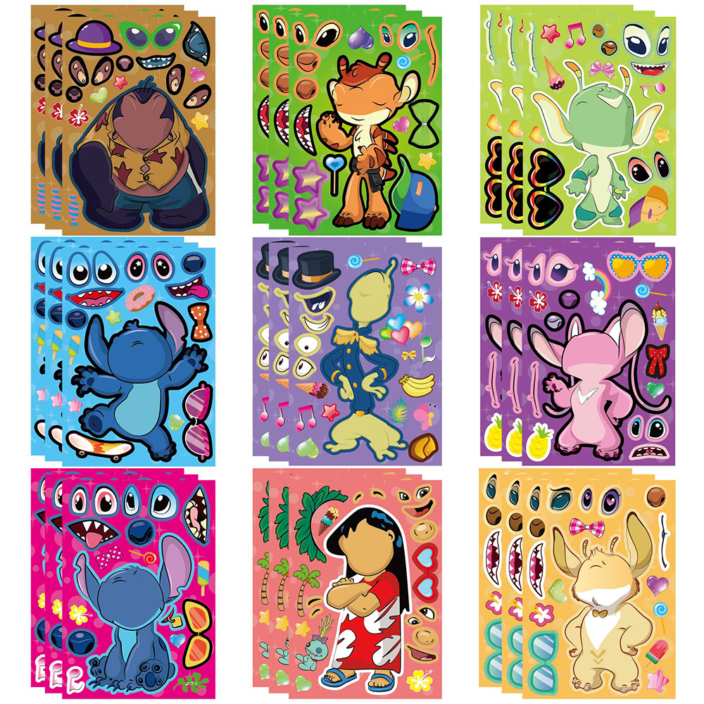 9/18 hojas de pegatinas de rompecabezas de dibujos animados de Stitch de Disney para niños, pegatinas divertidas DIY para montar en rompecabezas, juguetes para juegos de fiesta