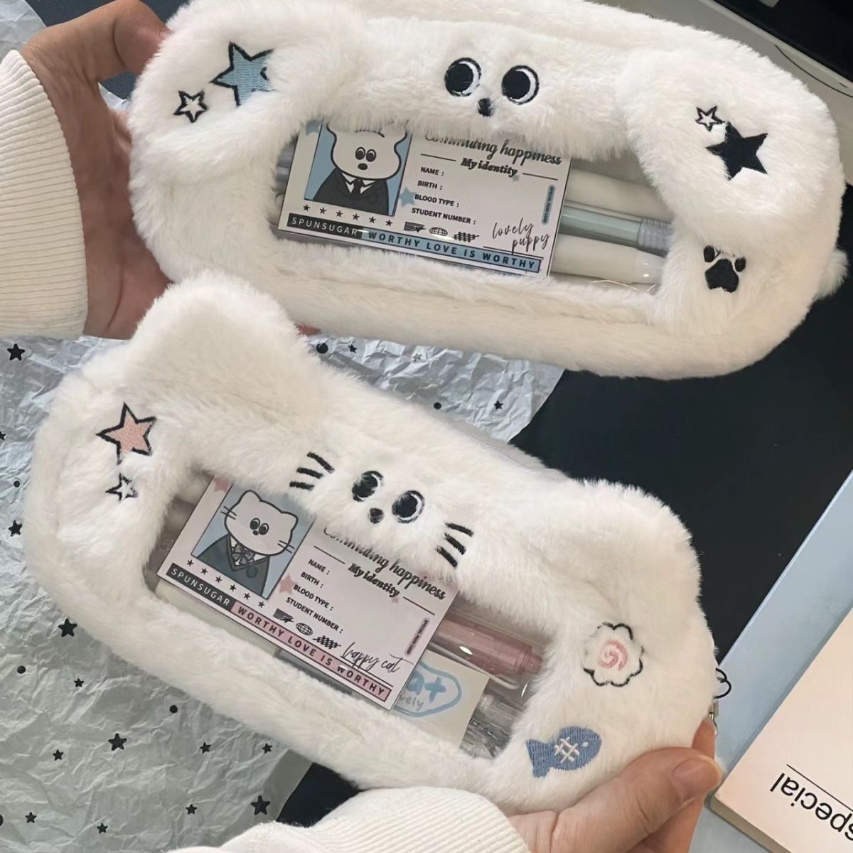 Estojo de caneta de grande capacidade, fofo, pelúcia, formato de gato, bolsa de lápis com janela visual, criativo, kawaii, bolsa de lápis para escritório, escola