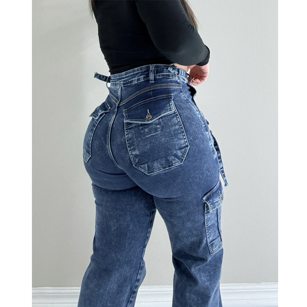 Mode Frauen Streetwear Seite Tasche Fracht Gerade Denim Gerade Safari Stil Jeans Breite Bein Jeans Hosen Hip-hop Streetwear