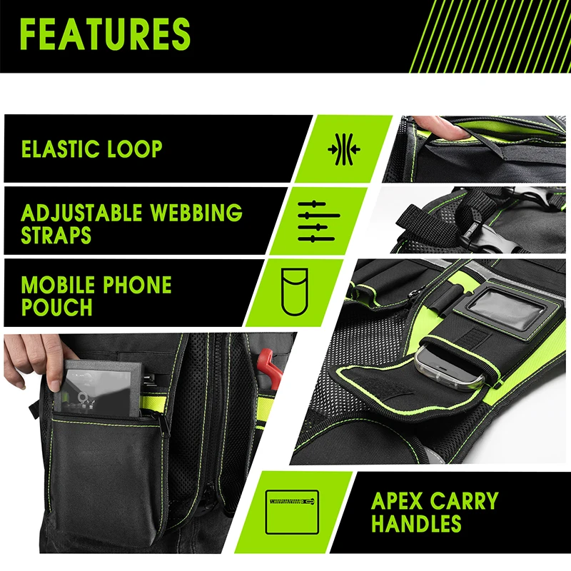 Workwear Allround-Werkzeugweste, Sicherheitsweste mit mehreren Taschen und Reißverschluss, robuste Werkzeugweste für Elektriker