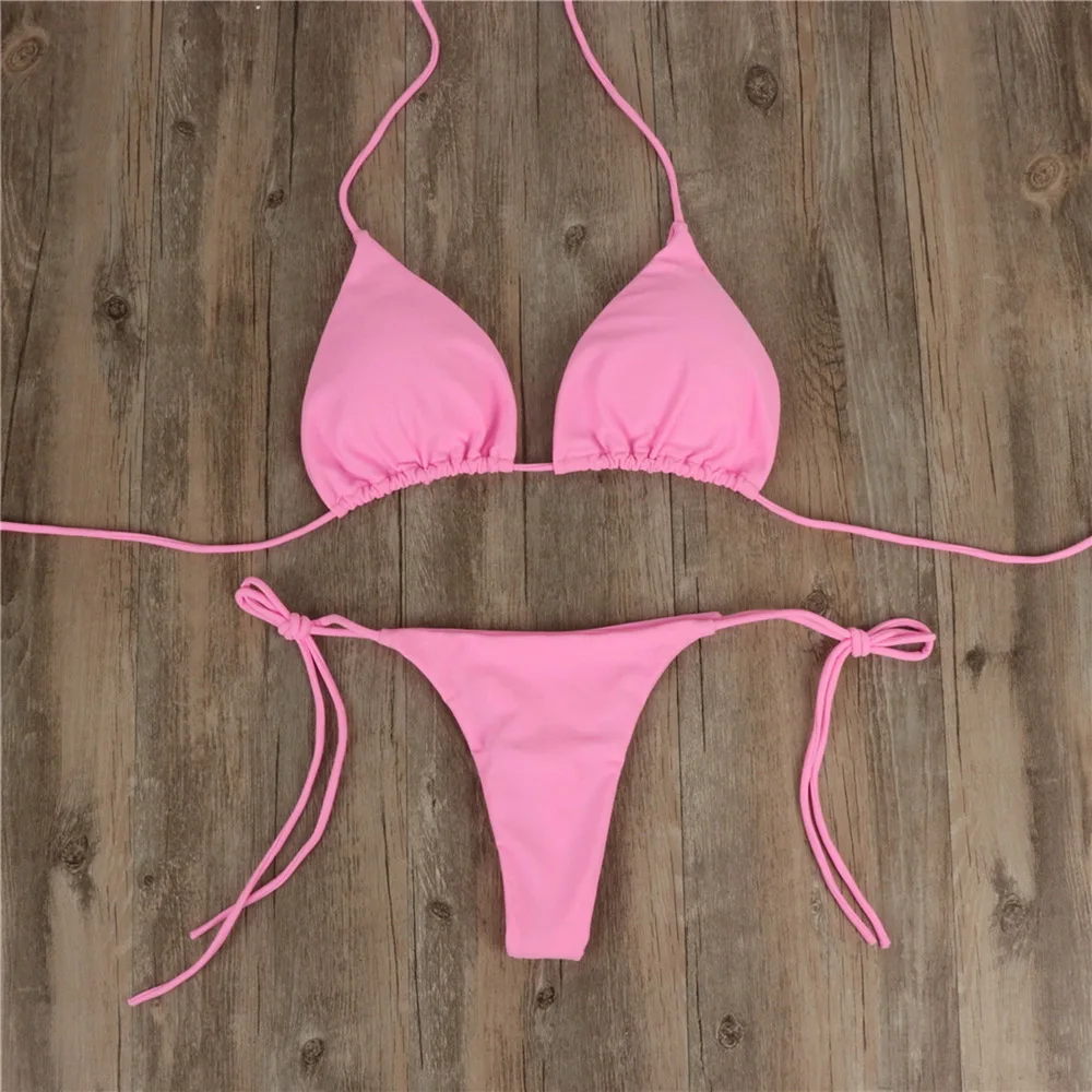 Été Sexy string Bikini ensemble côté licou cravate maillot de bain dames sangle fendue réglable pansement Style maillots de bain femmes Bikini ensemble