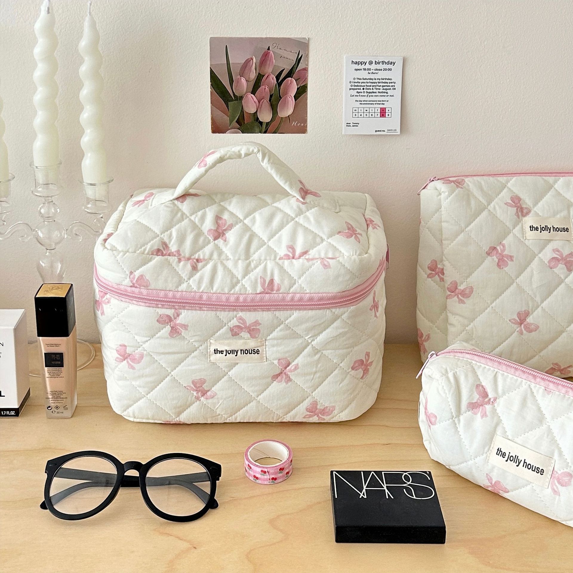 Bonito arco flor acolchoado algodão saco de maquiagem feminino zíper organizador cosmético feminino pano bolsa portátil caso de higiene pessoal para meninas