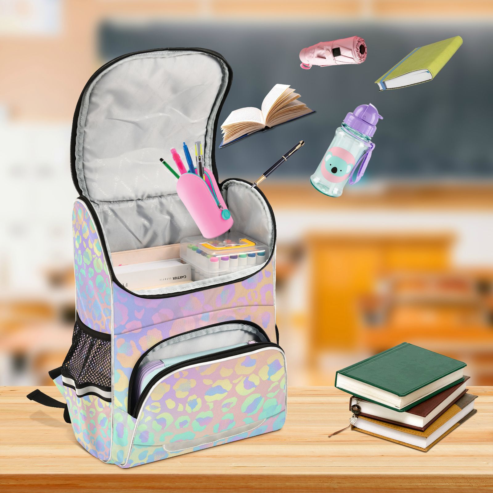 Nueva mochila escolar para niños, mochila para niñas, primaria, arcoíris, leopardo, teñido anudado, raya reflectante, bolsa para libros, mochilas japonesas con múltiples bolsillos