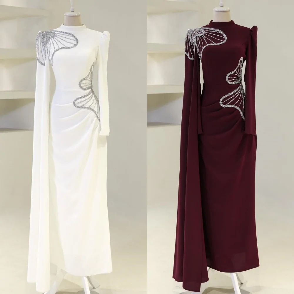 Dostosowane, skomplikowane dopasowanie Jersey zakładka aplikacja frezowanie cekinami proste długie sukienki z wysokim kołnierzem sukienki na specjalne okazje
