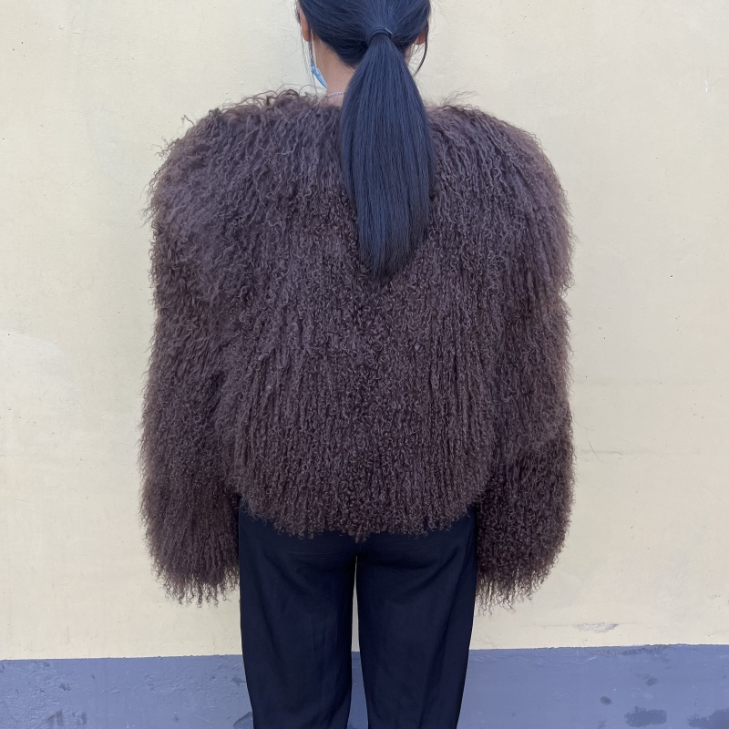 Kejinyuan echt Mongolië schapenbontjas voor dames, donkerbruin schapenbontjack