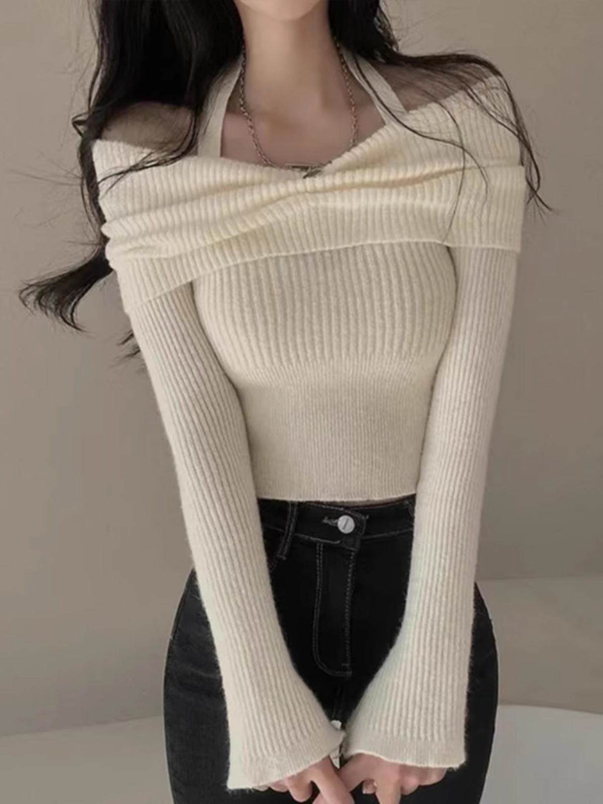 Chic Knitted One-Shoulder Top Women's Long Sleeve Short Sle Slimming Base Layer Hanging Neck Sweater Korean Sle Commute P...
