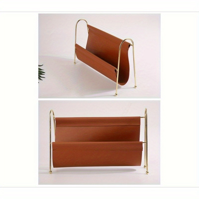 Nordic Metal Magazine Rack - Faux Leather Desk Organizer with Gold Frame, Compact Storage for Home Office/Bookshelf Decor