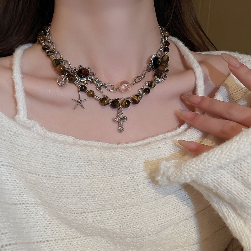 Collar de doble capa con Cruz de estrella de mar, cadena de cuello de moda, diseño creativo personalizado, piedra de ojo de tigre