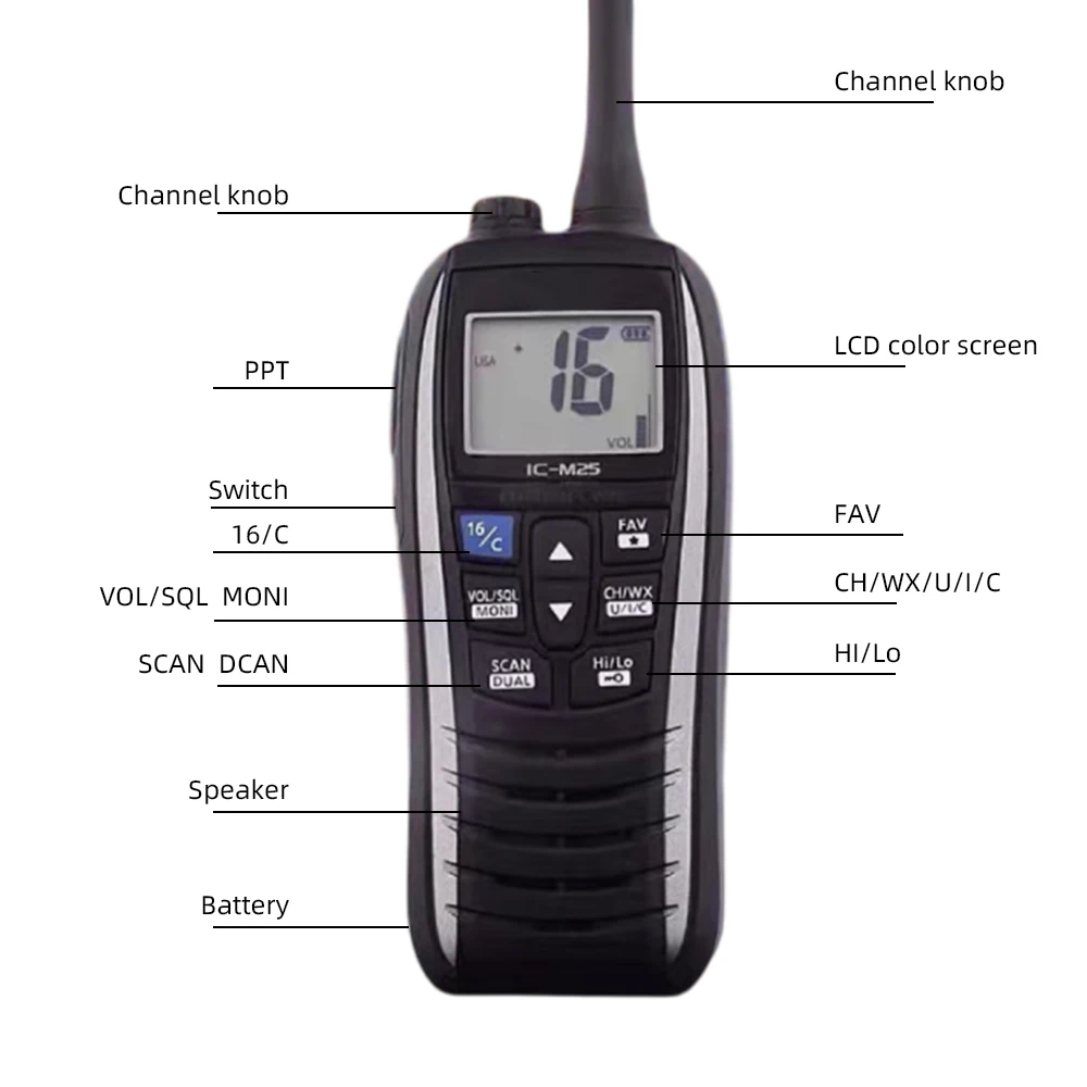 IC-M25 5W tragbares Marine-Radio VHF Handheld LCD leicht wasserdicht