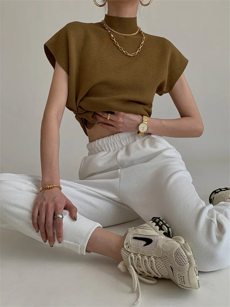 Camisa de colete da moda, gola semi alta de cor sólida, colete de malha de ombro, camiseta feminina, top reto completo solto e elegante