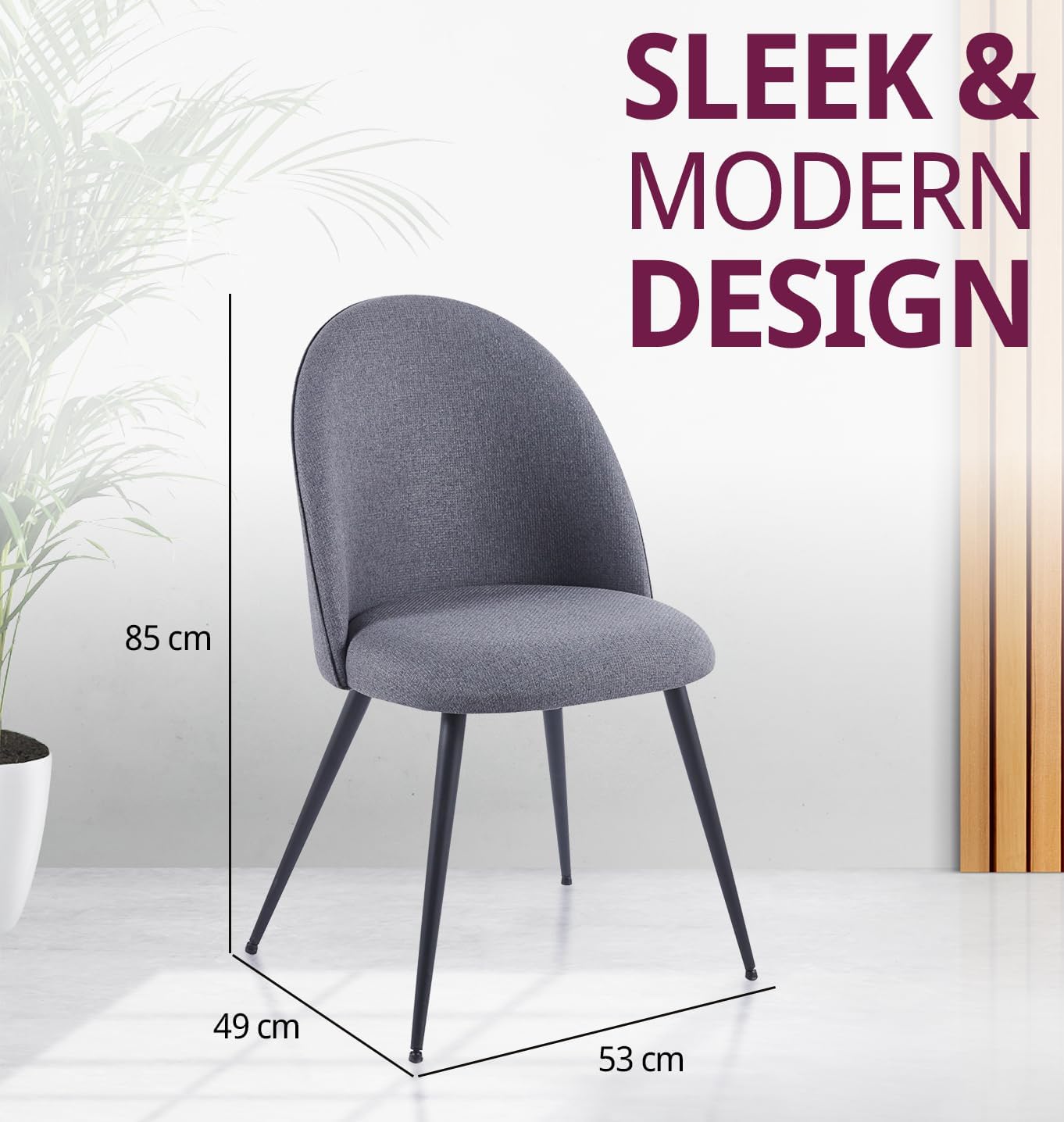 Furniture Dining Chairs Set of 2, Upholstered Fabric Dining Chairs with Metal Legs, Scandinavian Chairs, Curved Back Modern