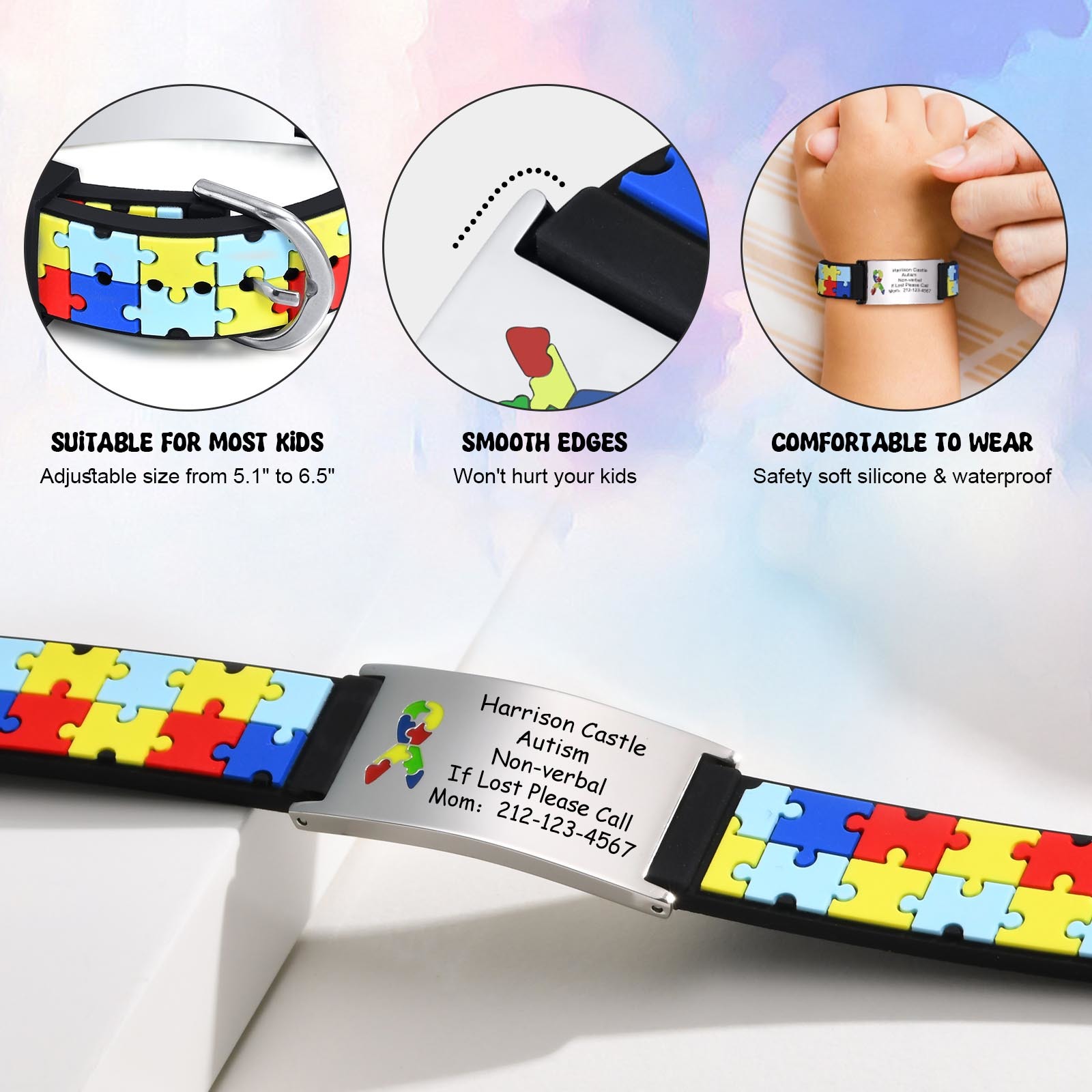 Pulseira personalizada de aspergers de autismo para menino e menina, identificação de alerta médico gravada, pulseira de silicone ajustável, presente gravado